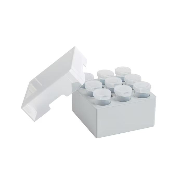 Eppendorf Storage Box 3 × 3, freezer box, for 9 tubes 25 mL, 2 pcs., height 89 mm, 3.5 in, polypropylene, for freezing to -86 °C, autoclavable, with lid and alphanumeric code