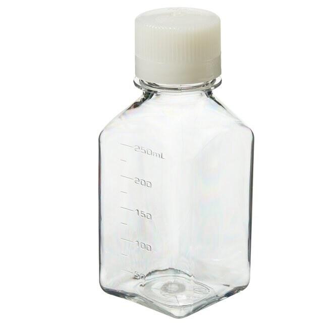 Nalgene™ Square PETG Media Bottles with Closure: Sterile, Shrink-Wrapped Trays, 250 mL, Case of 60