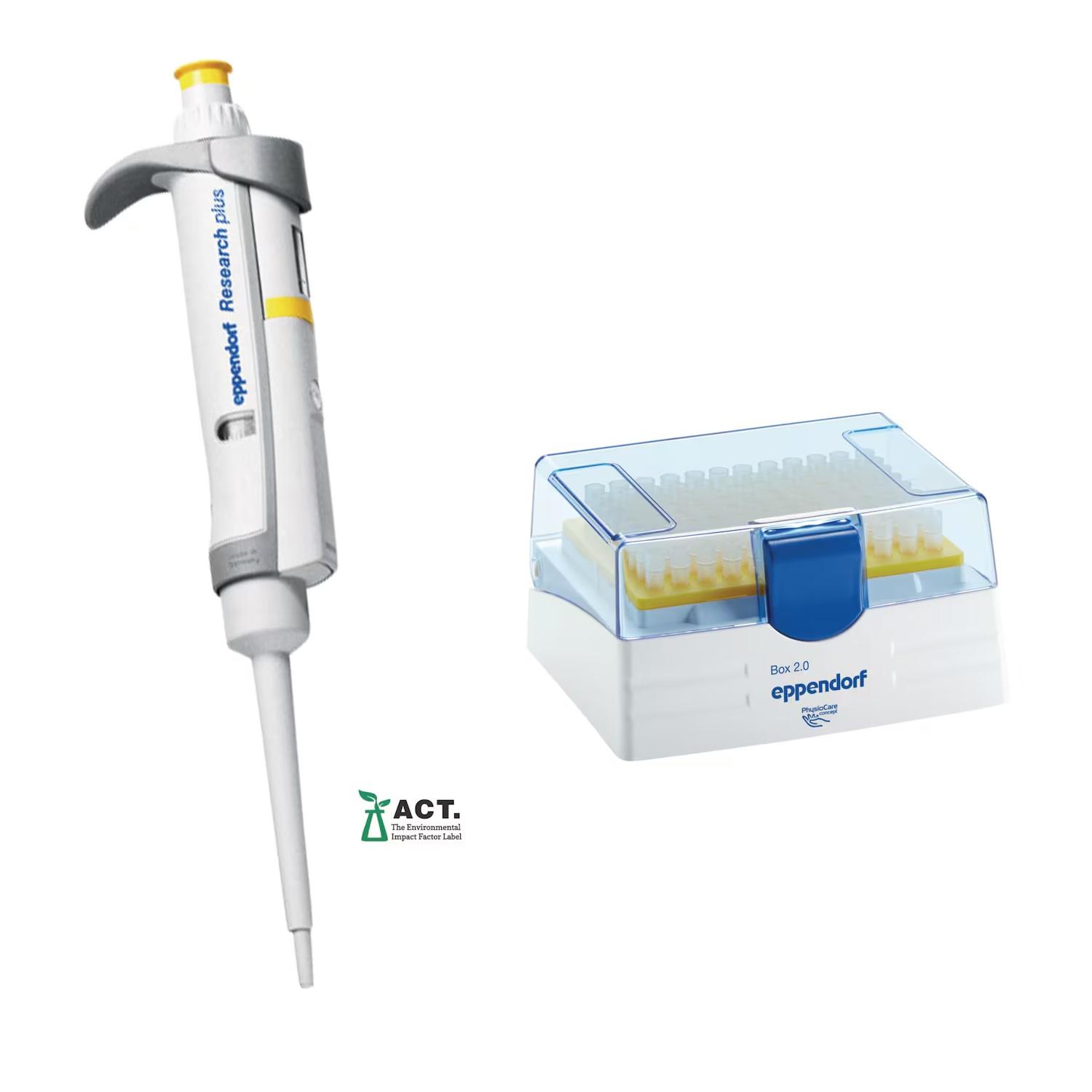 Eppendorf Research® plus, 1-channel, variable, incl. epT.I.P.S.® Box, 20 – 200 µL, yellow